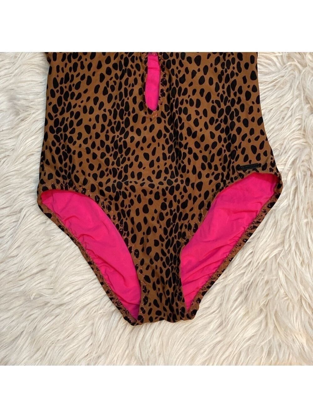 DKNY Leopard Print Plunge Neck One-Piece Swimsuit, Size 10 - Picture 5 of 16